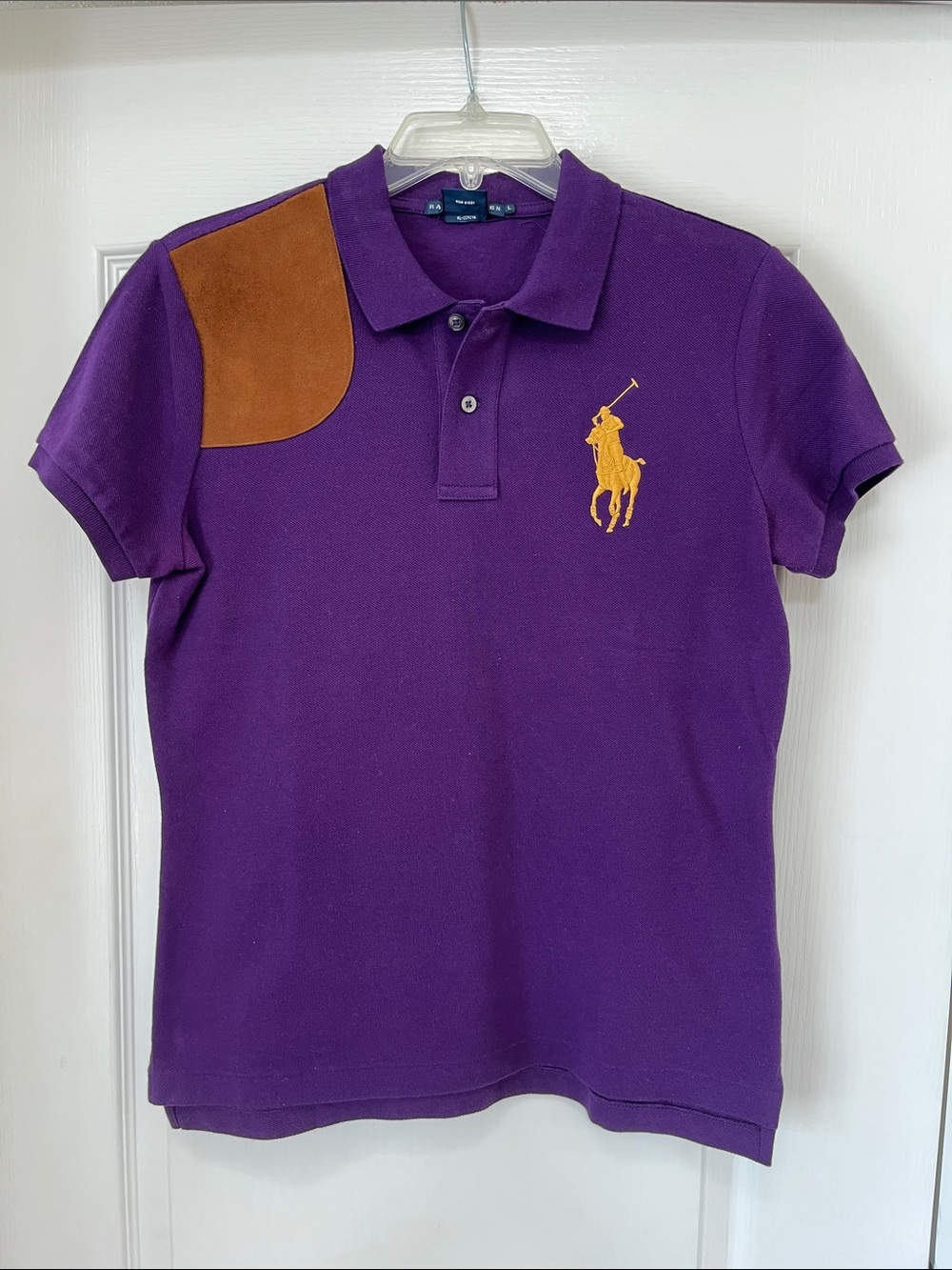 Ralph Lauren Purple Polo with Gold Pony and Brown Shoulder Patch, L